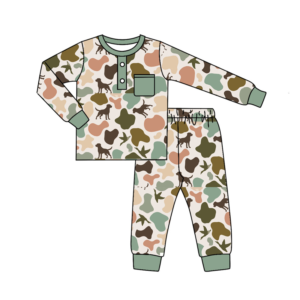 Preorder BLP0669 NO MOQ Puppy Duck Camouflage Green Pocket Long sleeve pants pajama set