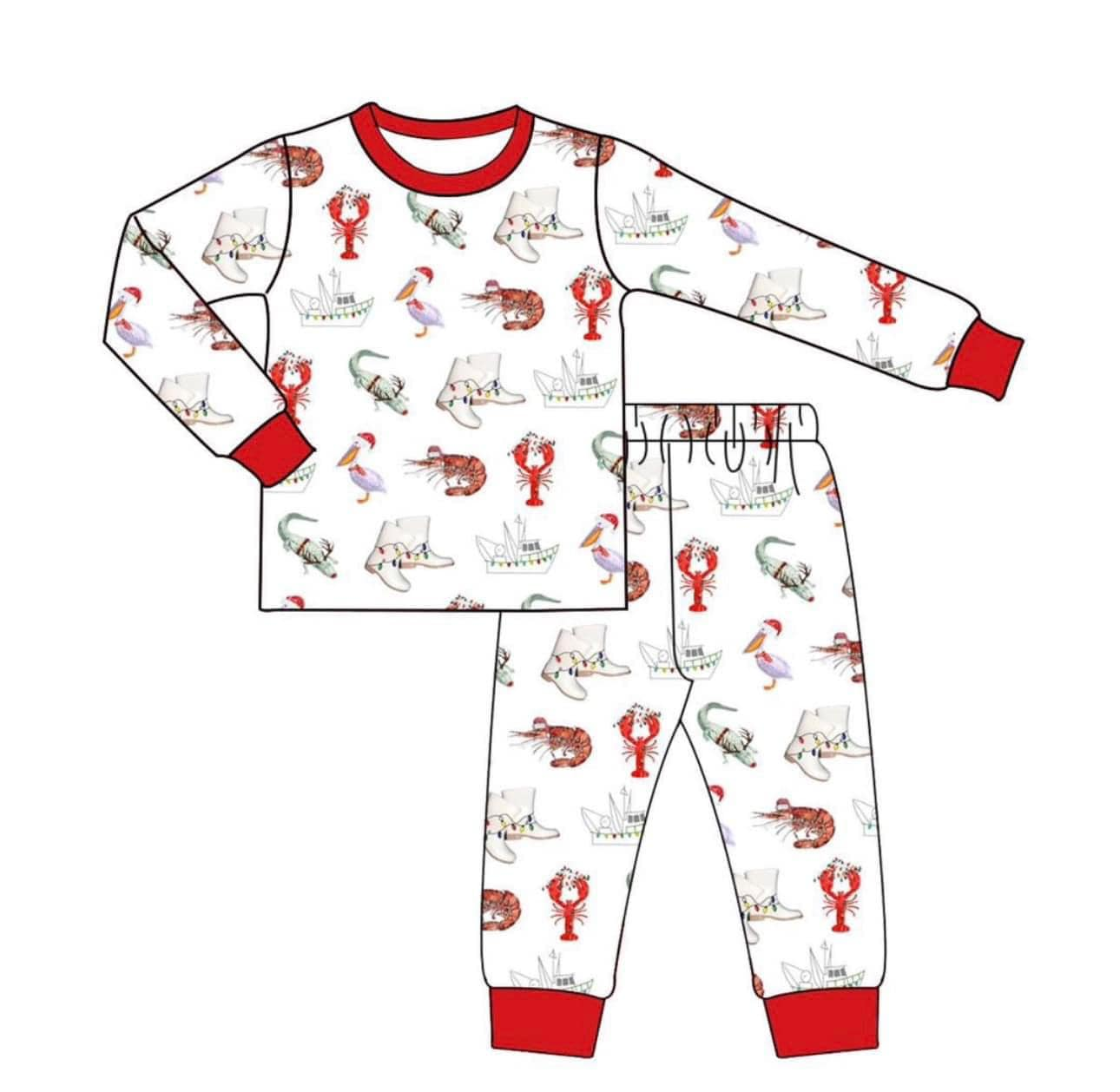 Preorder BLP0674 NO MOQ ship Crawfish Crocodile red and white long sleeve pants pajamas set