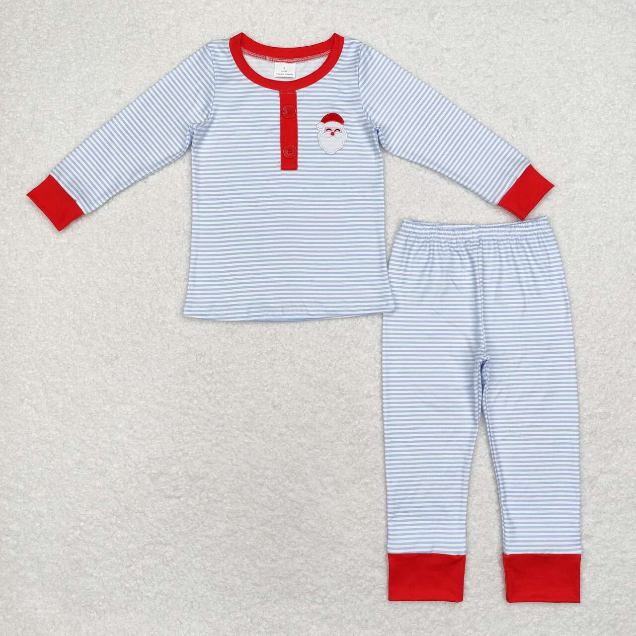 BLP0677 Embroidered Santa Claus blue striped long sleeve pants pajama set