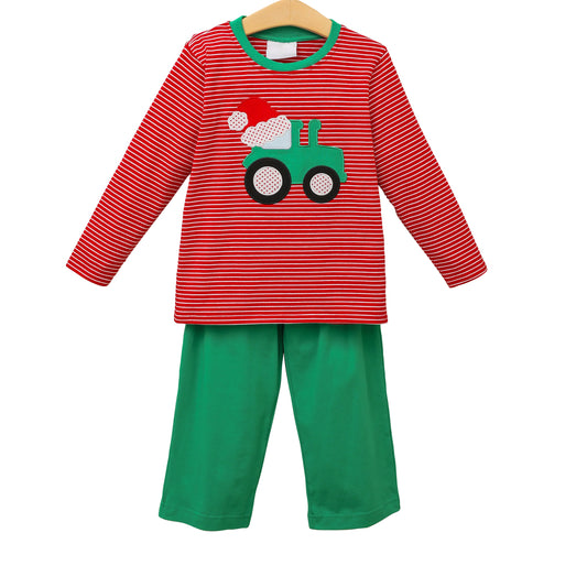 Preorder BLP0679 NO MOQ Santa Hat Tractor stripe Red long sleeve Green pantsuit