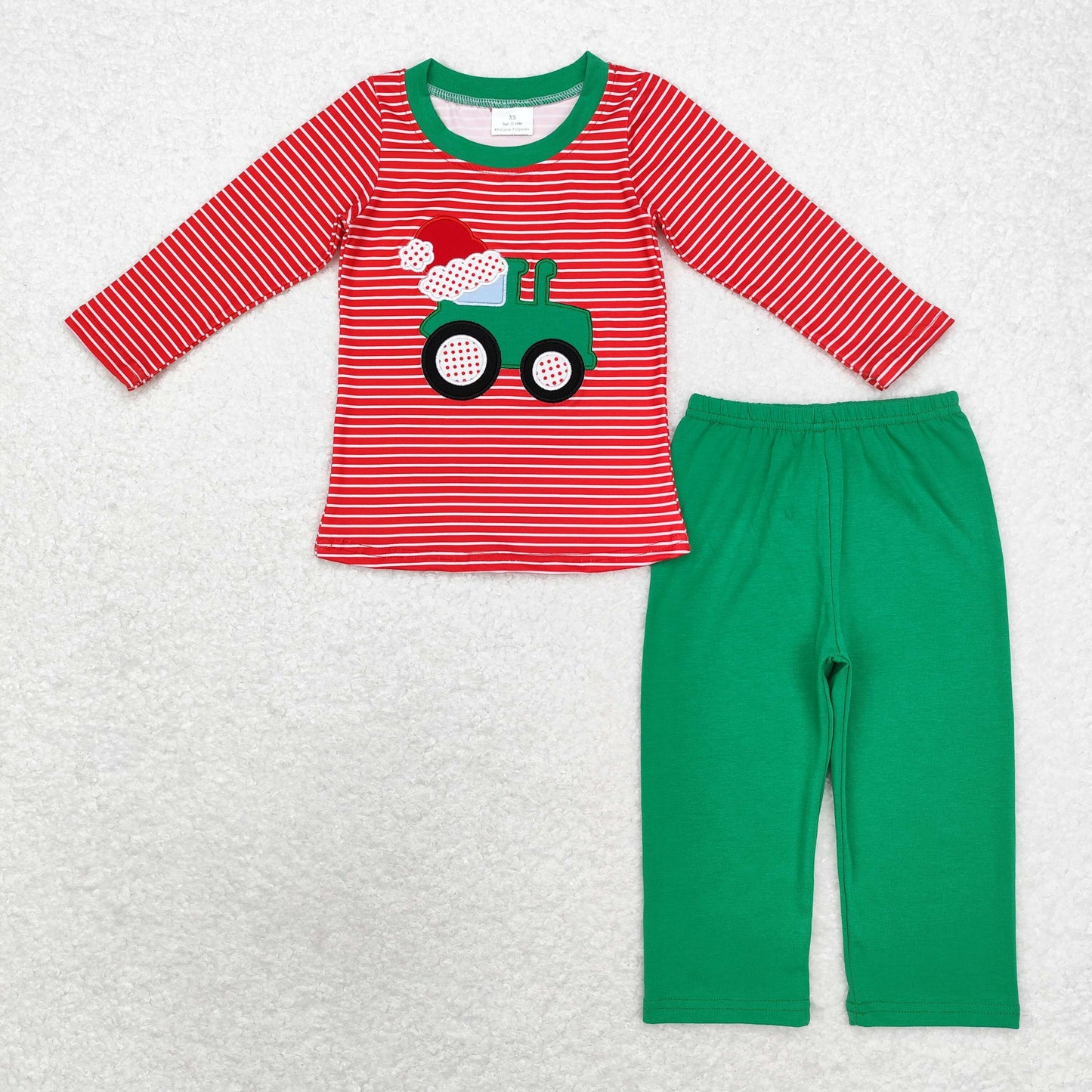 BLP0679 Embroidered Santa hat tractor stripe red long sleeve green pantsuit