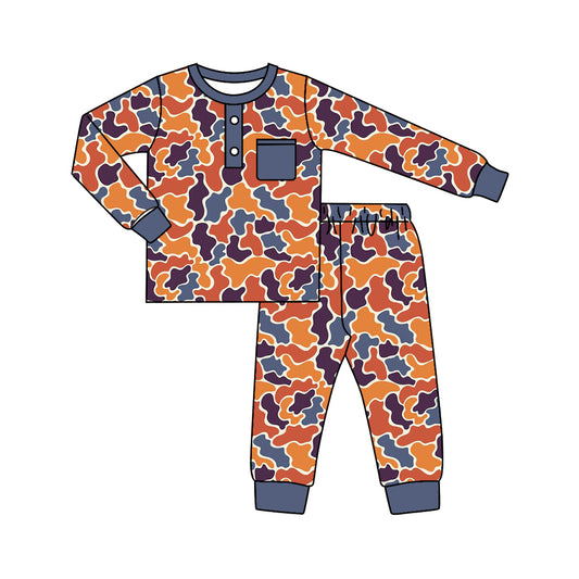 Preorder BLP0681 NO MOQ Pocket blue brown camouflage long sleeved pant pajama set