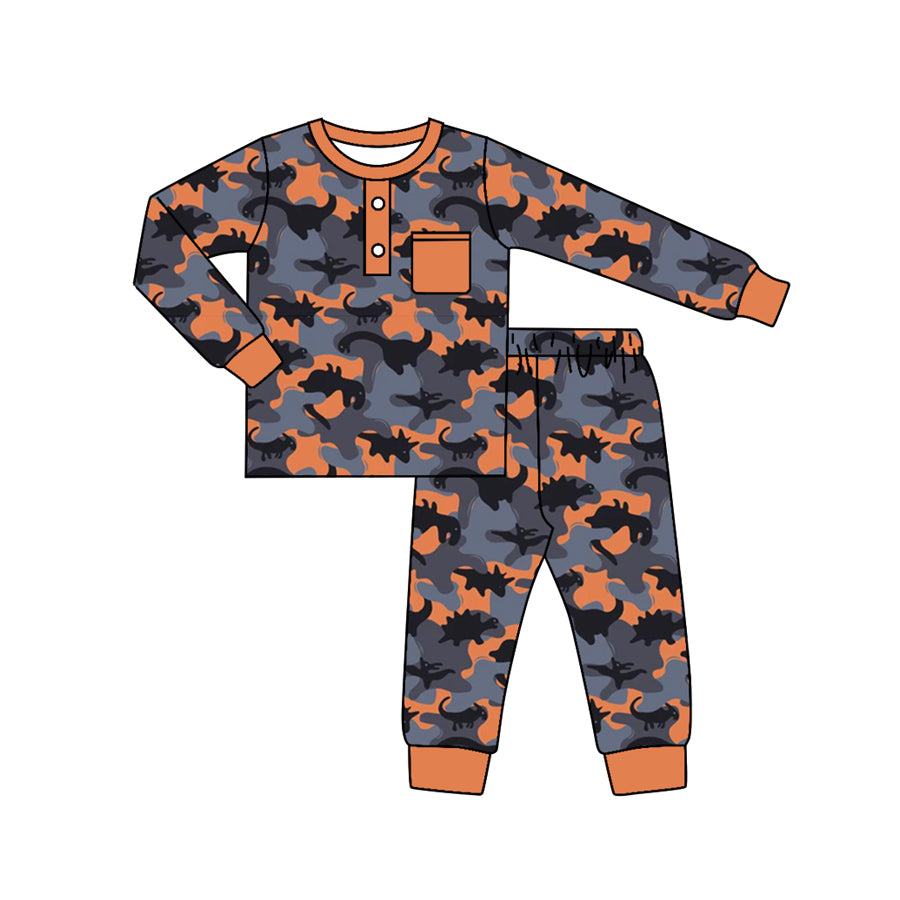 Preorder BLP0682 NO MOQ Pocket Dinosaur Blue orange camouflage long sleeve pants pajama set