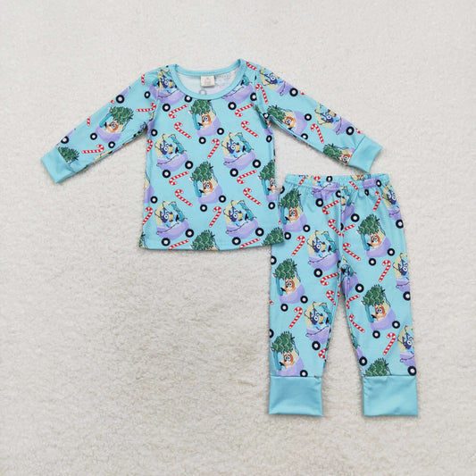 BLP0694 bluey Modal Christmas Tree Buggy Crutch Blue long sleeve pants pajamas set