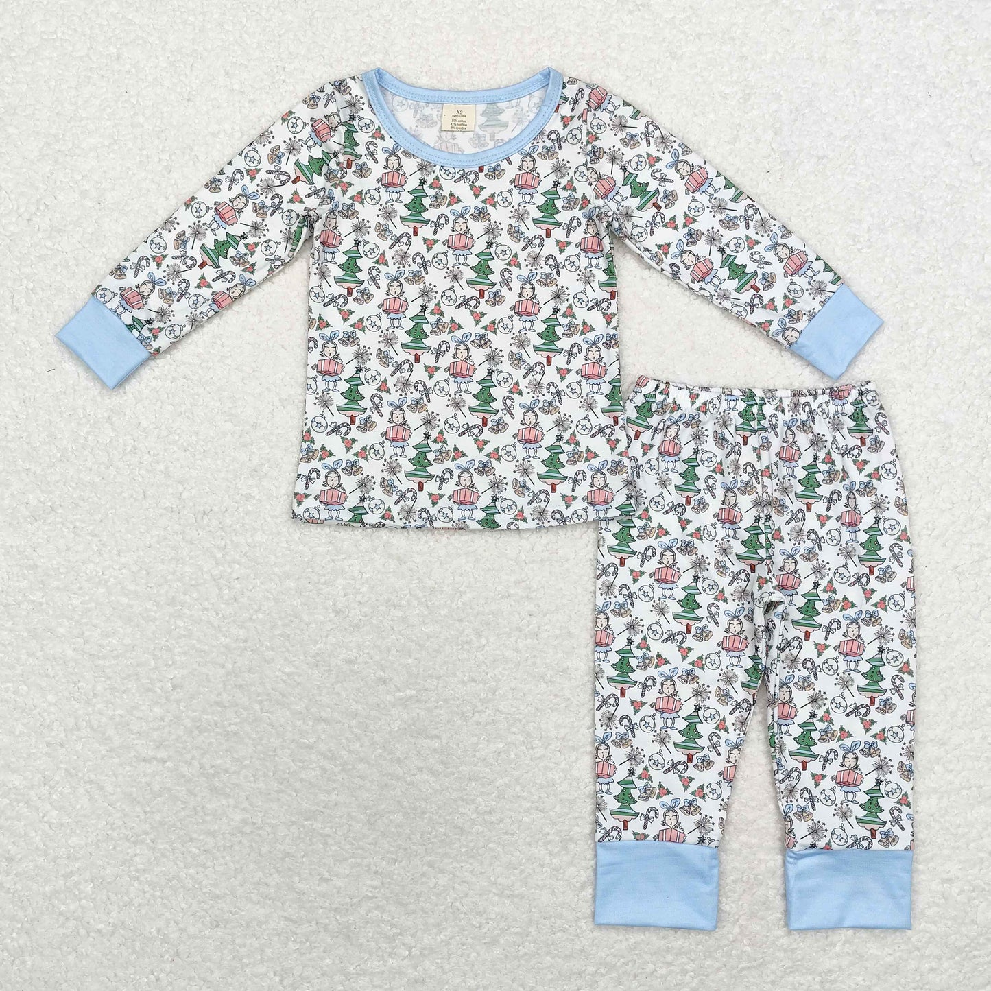 BLP0699 Modal Christmas Tree Cane Girl gift Blue and white long sleeved pants pajamas set