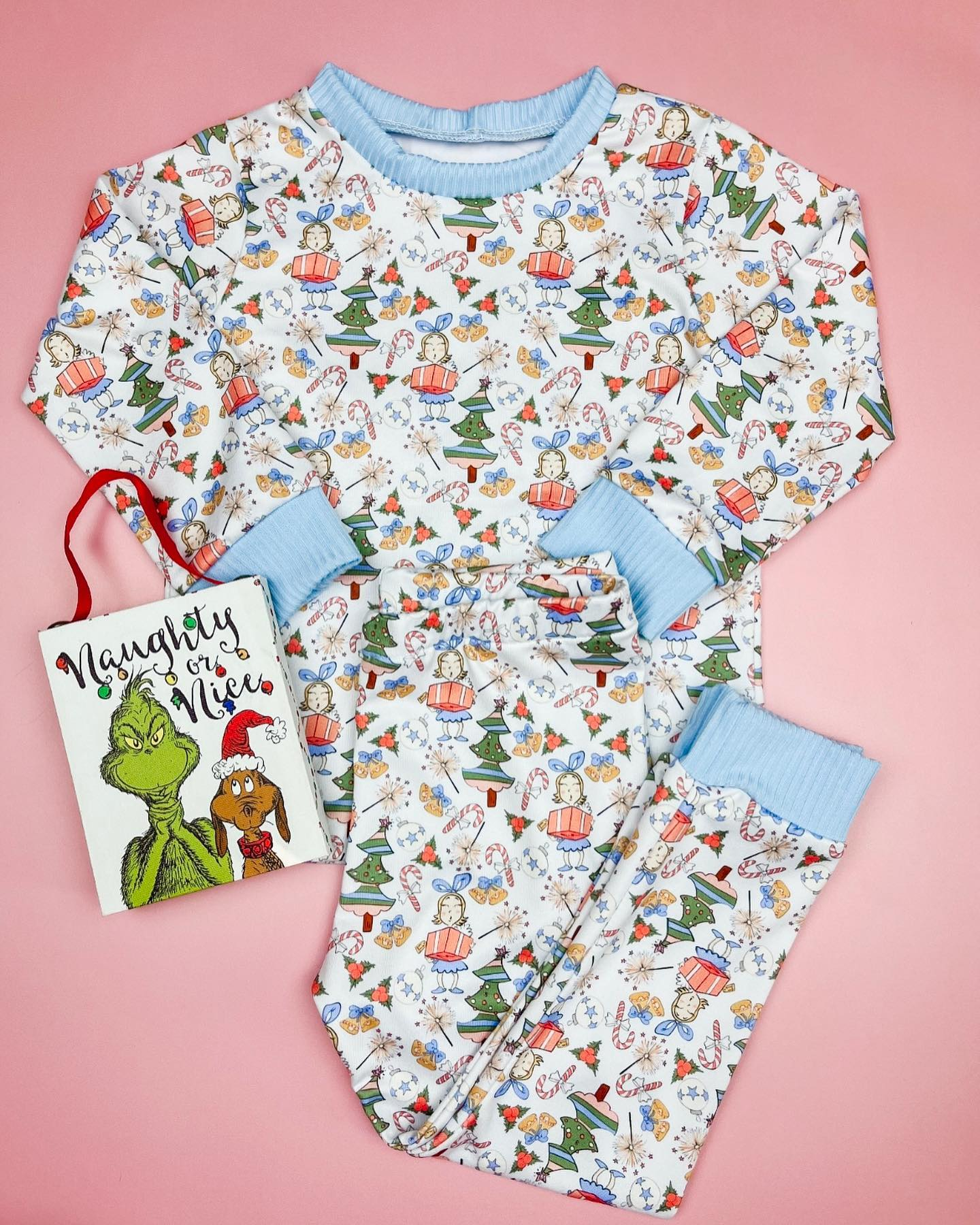 Preorder BLP0699 NO MOQ Christmas Tree crutch girl gift Blue and white long sleeve pants pajamas set