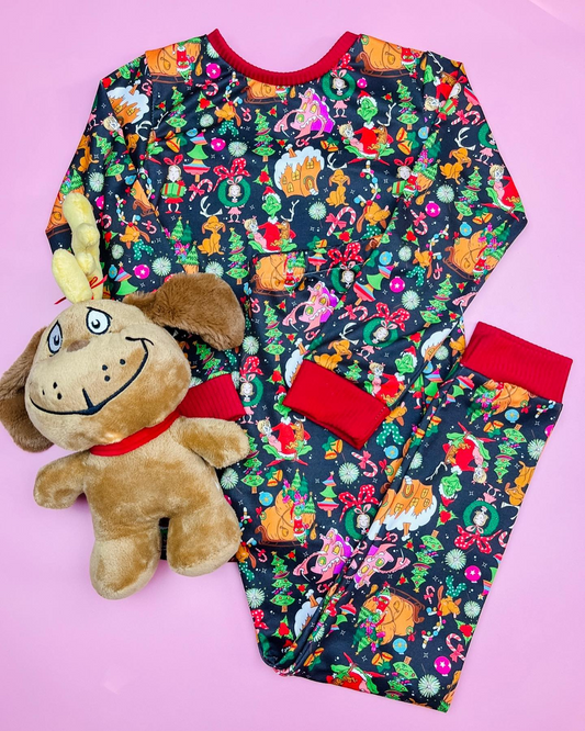 Preorder BLP0700 NO MOQ grinch House Girls navy blue long sleeved pants pajama set