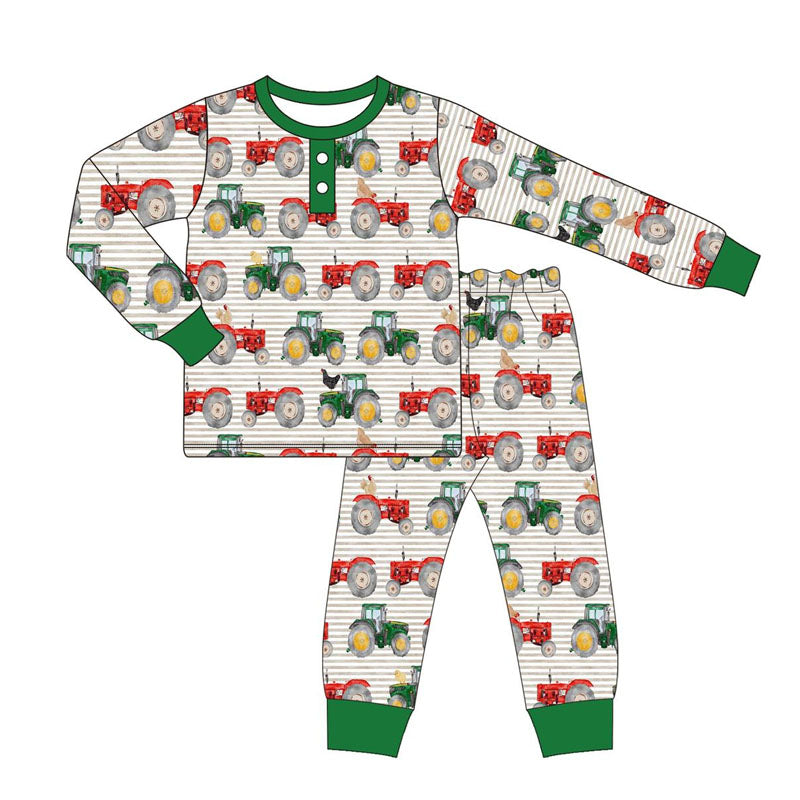 Preorder BLP0725 NO MOQ Tractor striped green hemmed long-sleeved pants pajama set