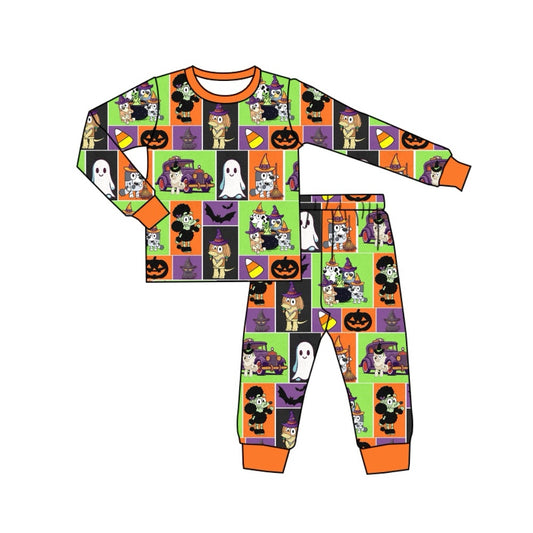 Preorder BLP0729 NO MOQ bluey Halloween Candy Pumpkin Purple green Orange plaid long sleeve pants pajamas set