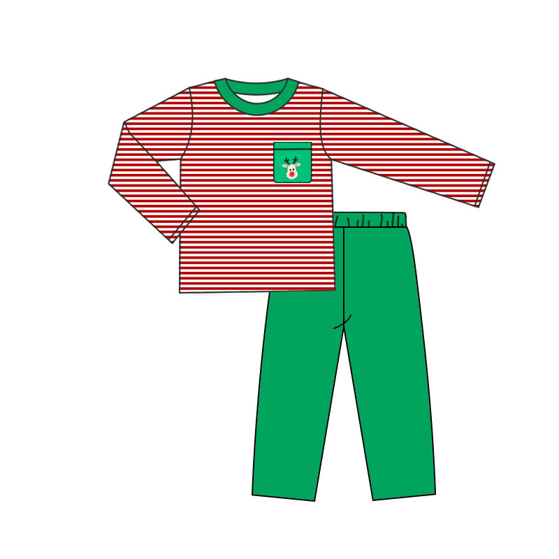 Preorder BLP0734 NO MOQ Reindeer pocket red striped green pantsuit