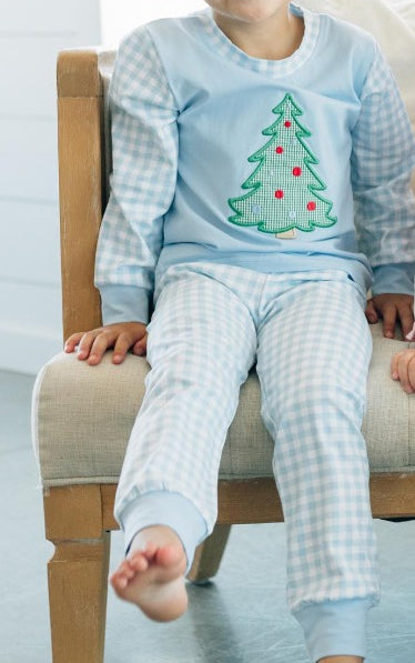 Preorder BLP0749 NO MOQ Christmas Tree blue plaid long-sleeved pants pajamas set