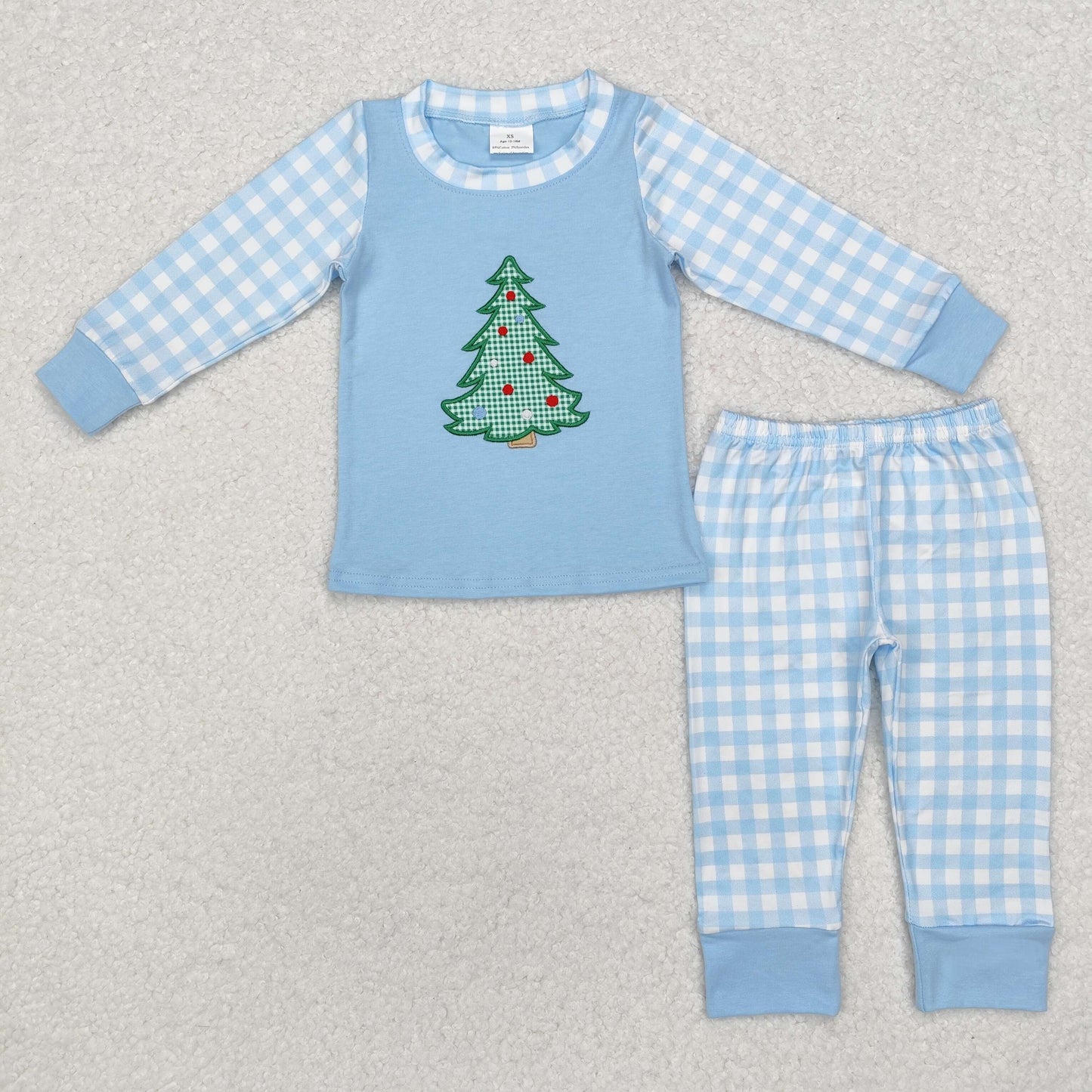 BLP0749 Embroidered Christmas tree blue plaid long sleeve pants pajamas set