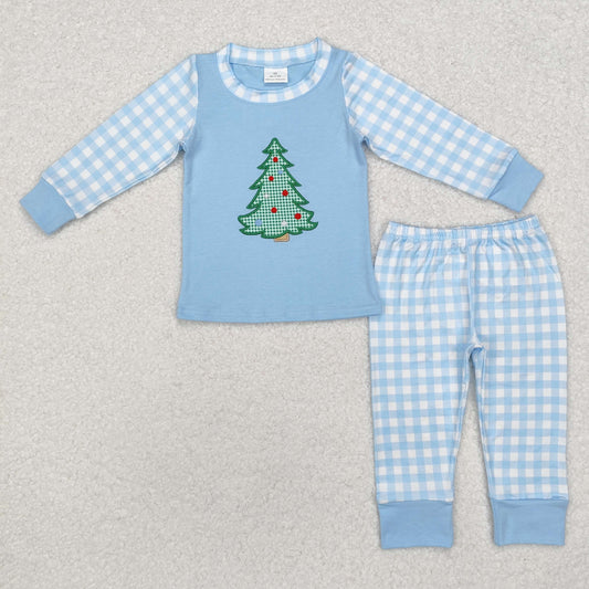 BLP0749 Embroidered Christmas tree blue plaid long sleeve pants pajamas set