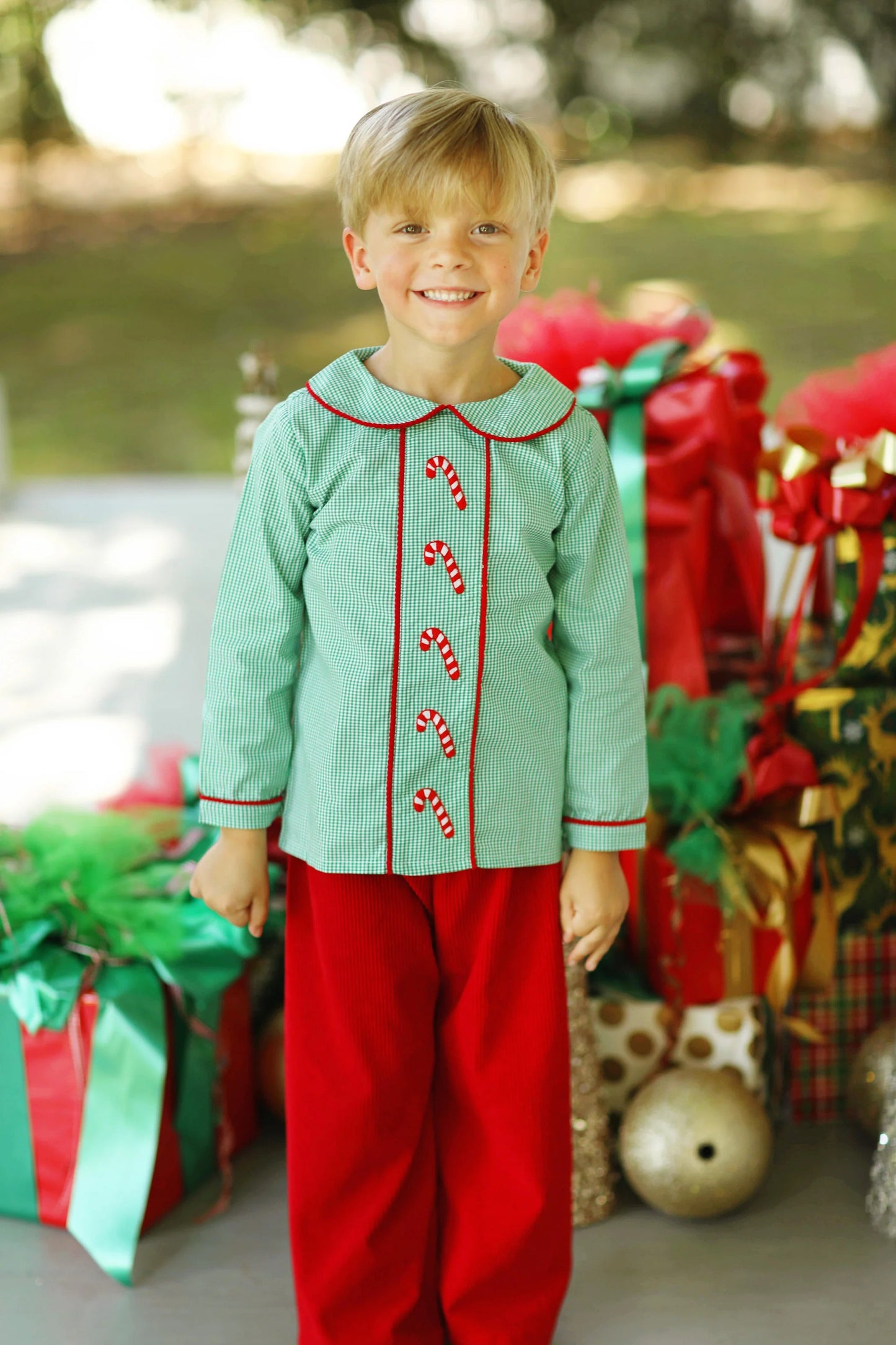 Preorder BLP0752 NO MOQ Christmas Cane Green plaid doll collar long sleeve red pants suit