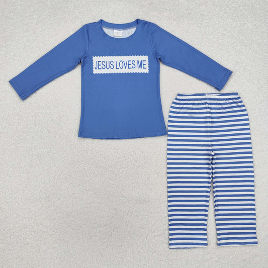 BLP0766 Jesus Love Me Blue Long Sleeve Stripe Pants Boys Sets RTS 202509