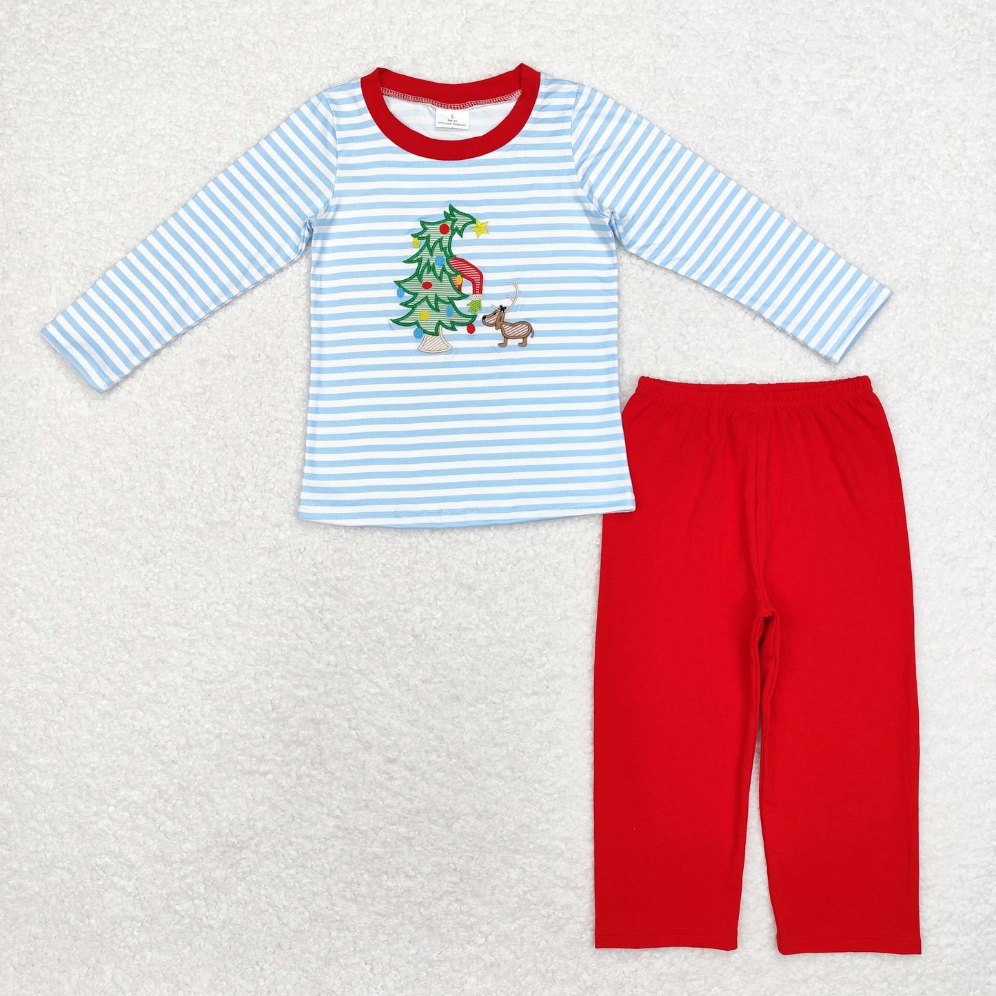 BLP0772 Embroidered Christmas tree puppy pattern Blue striped long-sleeved top Red pantsuit