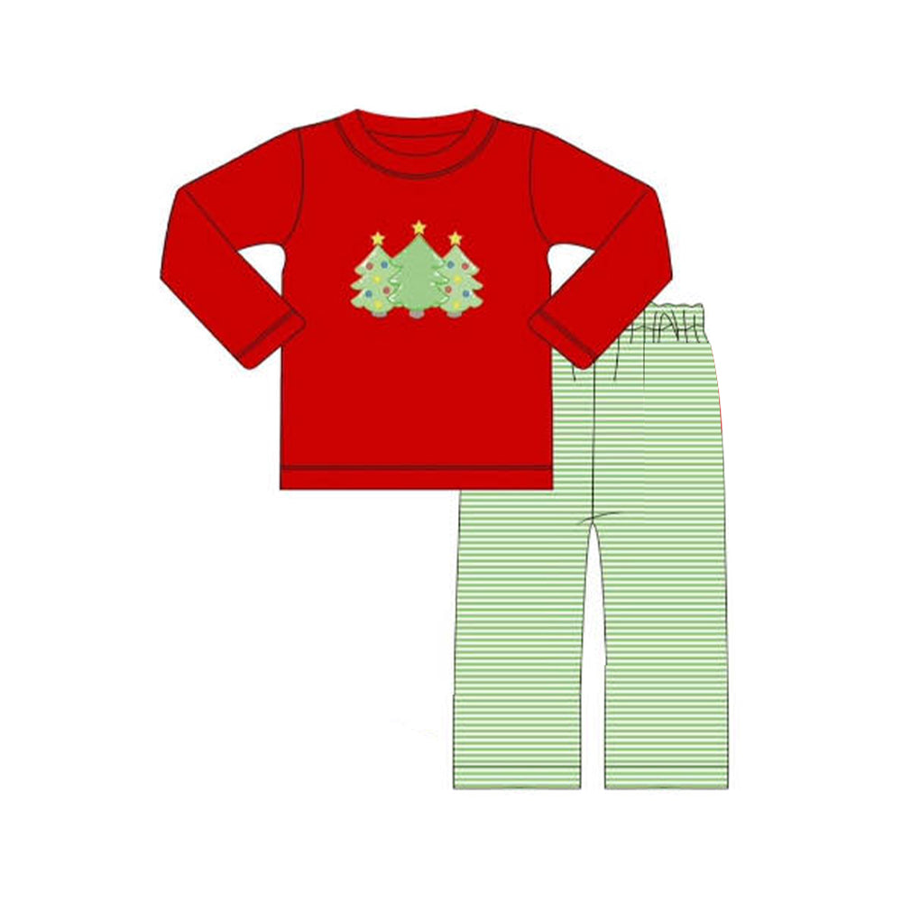 Preorder BLP0773 Christmas tree print red long-sleeved top green striped pantsuit