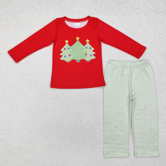 BLP0773 Christmas tree print red long-sleeved top green striped pantsuit new arrival