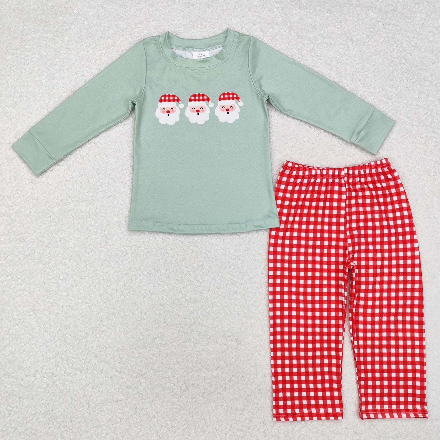 BLP0774 Santa green long-sleeved top red and white plaid pants suit