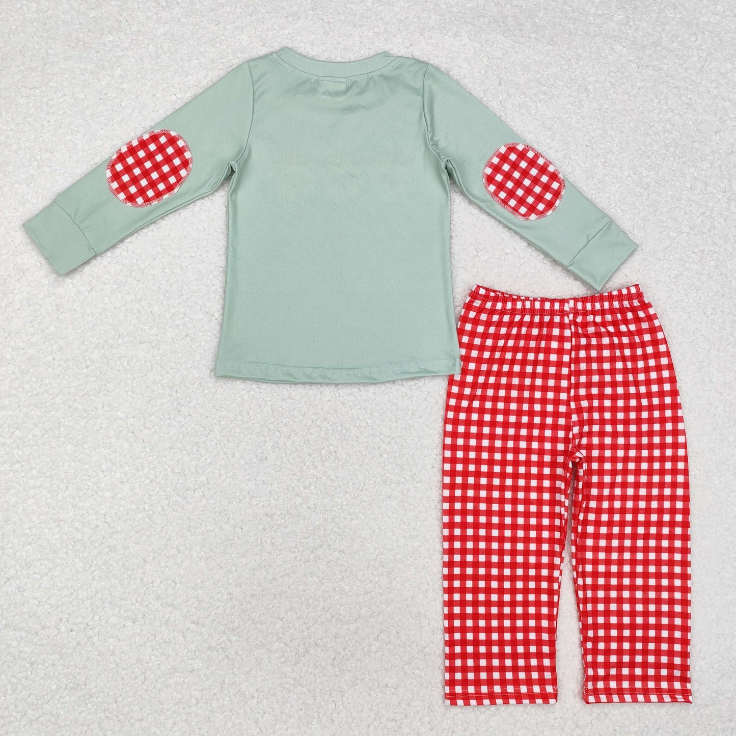 BLP0774 Santa green long-sleeved top red and white plaid pants suit