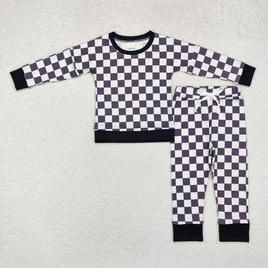 BLP0786 Black and white plaid long-sleeved trousers pajamas set