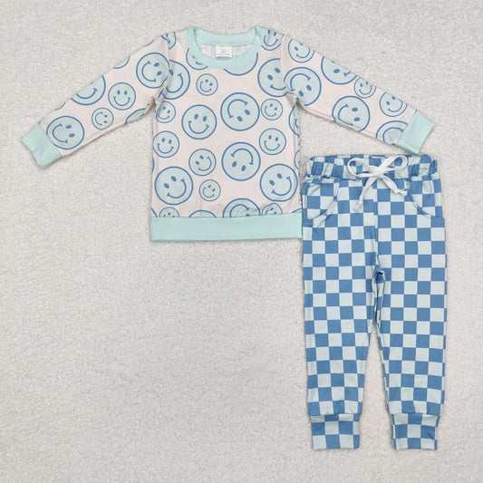 BLP0798 Smiley Beige Blue Long Sleeve Plaid Pants Boys Sets RTS 202509