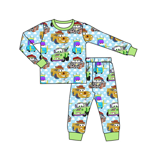 Preorder BLP0800 cars cartoon car white cloud blue-green long sleeve pants pajamas set