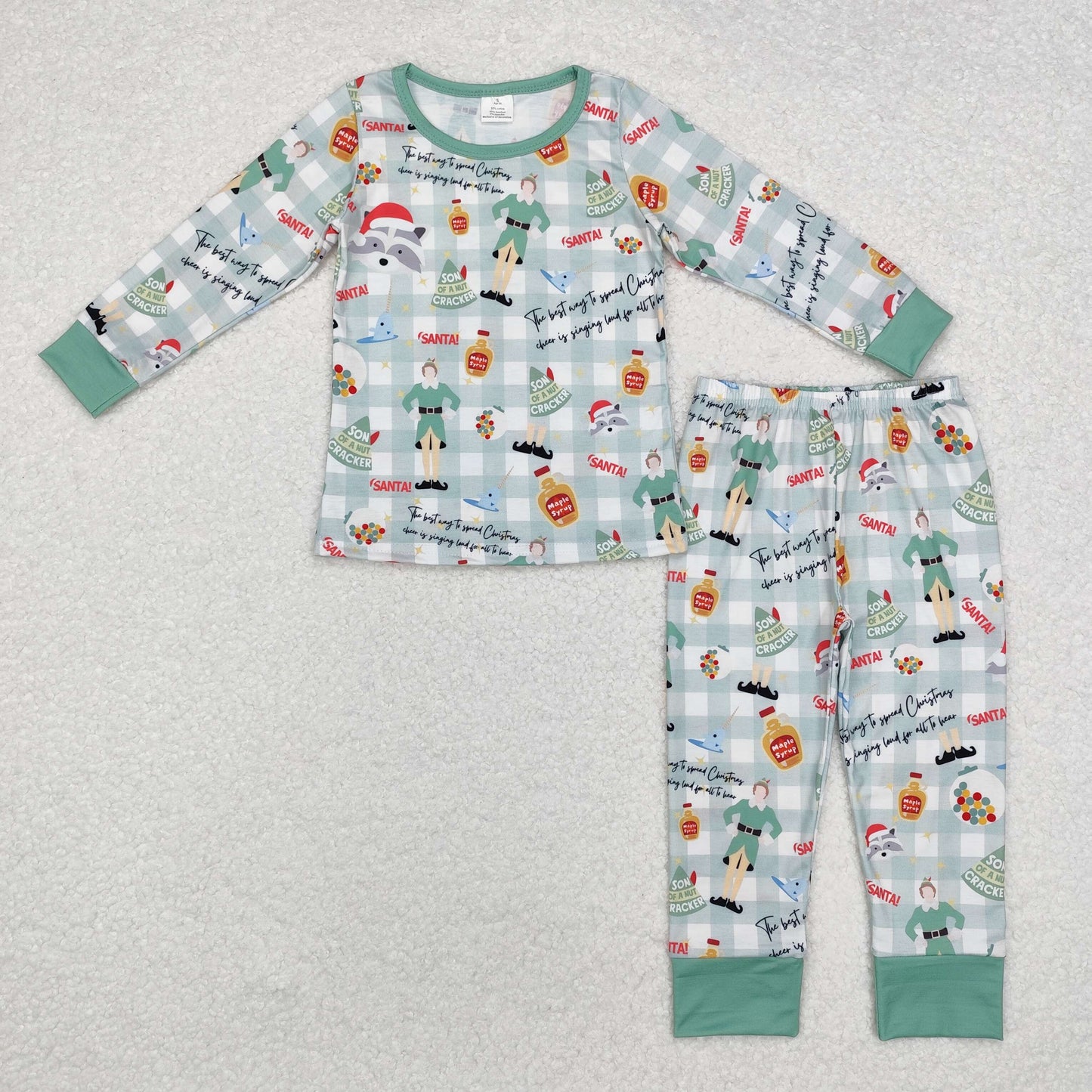 BLP0804 Modal Christmas Elf green plaid long-sleeved pant pajama set