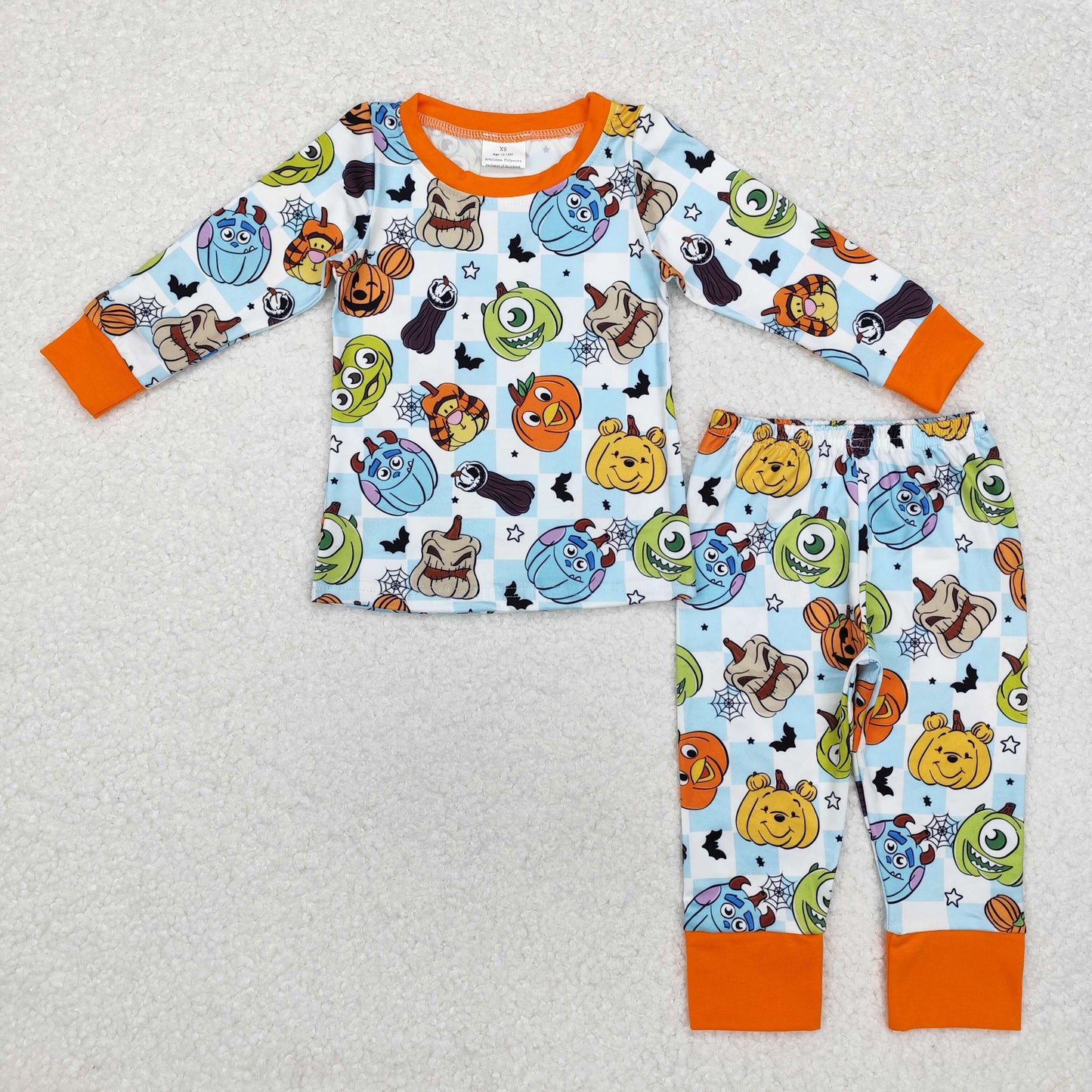 BLP0809 Halloween Monsters University Orange border blue and white plaid long sleeve pants pajamas set