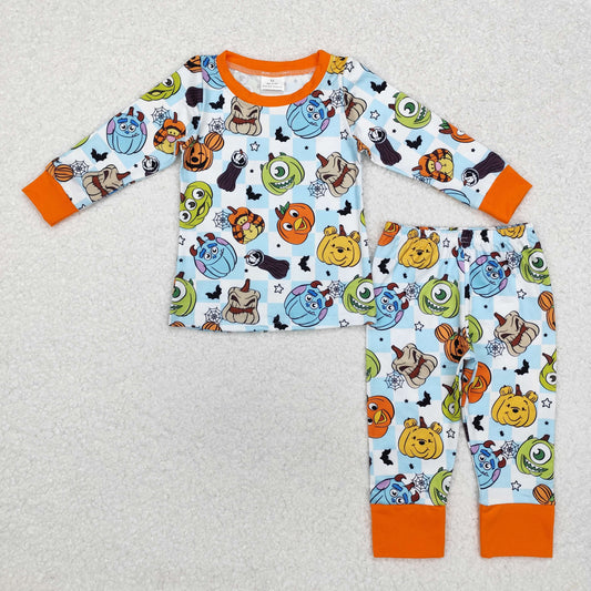 BLP0809 Halloween Monsters University Orange border blue and white plaid long sleeve pants pajamas set