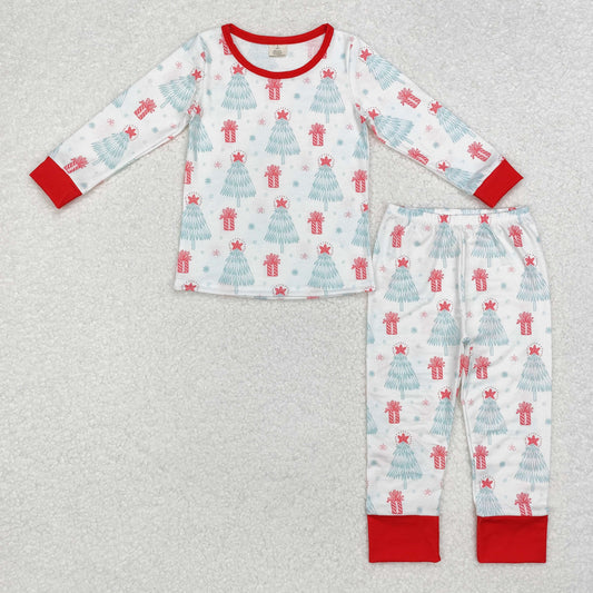 BLP0818 Modal Christmas Tree gift Red and white long sleeve pants pajamas set