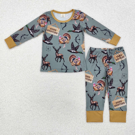 BLP0819 gone hunting Modal Deer Duck Turkey green long sleeve pants pajama set