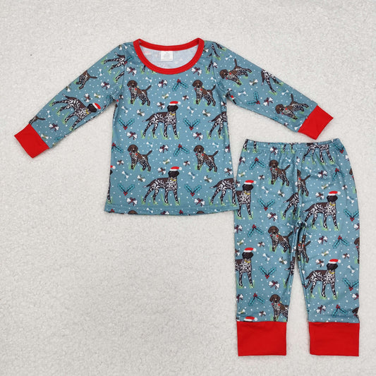 BLP0850 Modal Christmas puppy red green long sleeve pants pajamas set