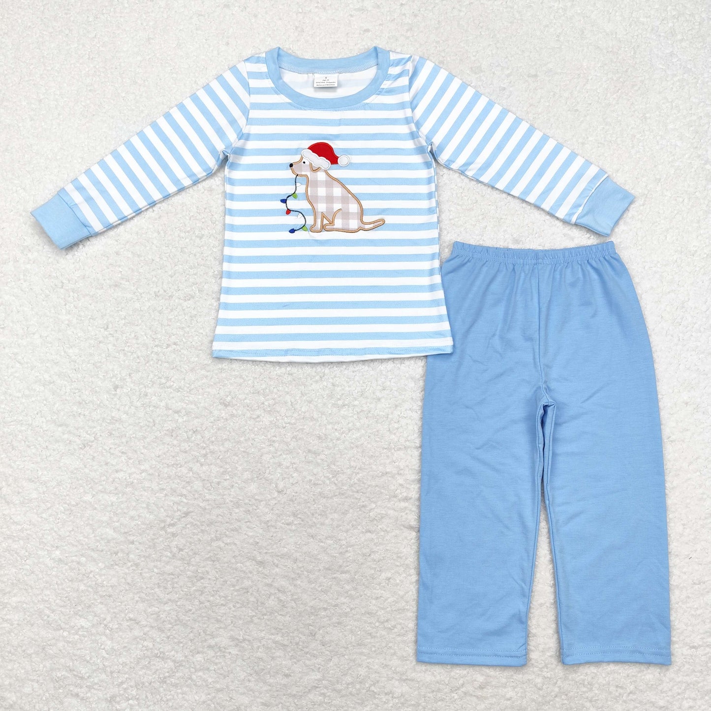 BLP0864 Santa Hat dog lights striped blue and white long sleeve pants suit