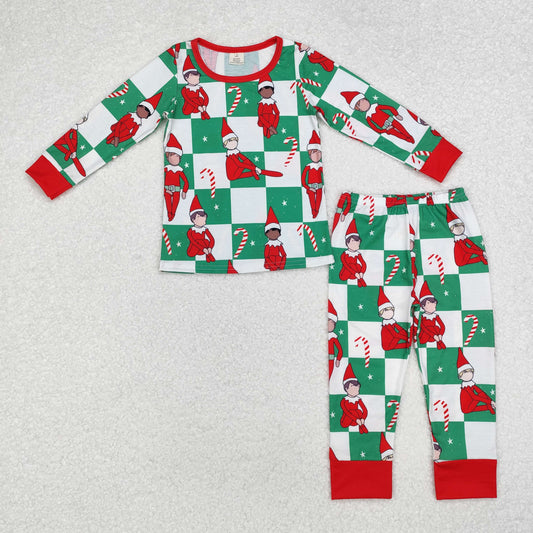 BLP0875 Modal Christmas Elf Crutch Green and white plaid long-sleeved pants pajamas set