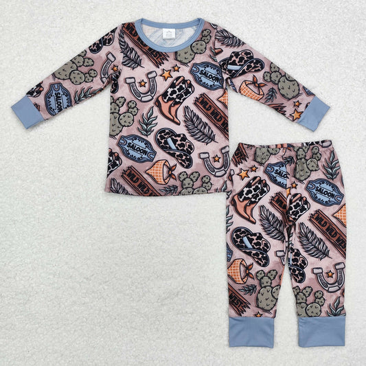 BLP0878 Modal cactus cowboy hat boots Brown blue long sleeve pants pajamas set