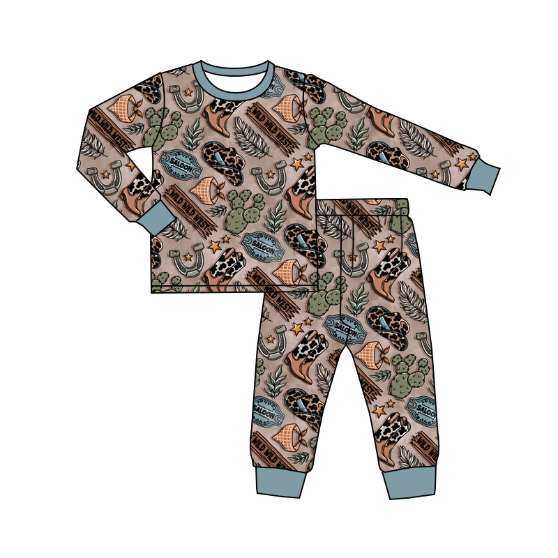 Preorder BLP0878 Cactus cowboy hat boots brown blue long sleeve pants pajamas set