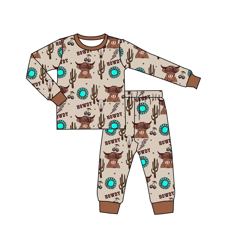 Preorder BLP0885 howdy Gem cactus mountain cow head brown long sleeve trousers pajamas set high quality wholesale