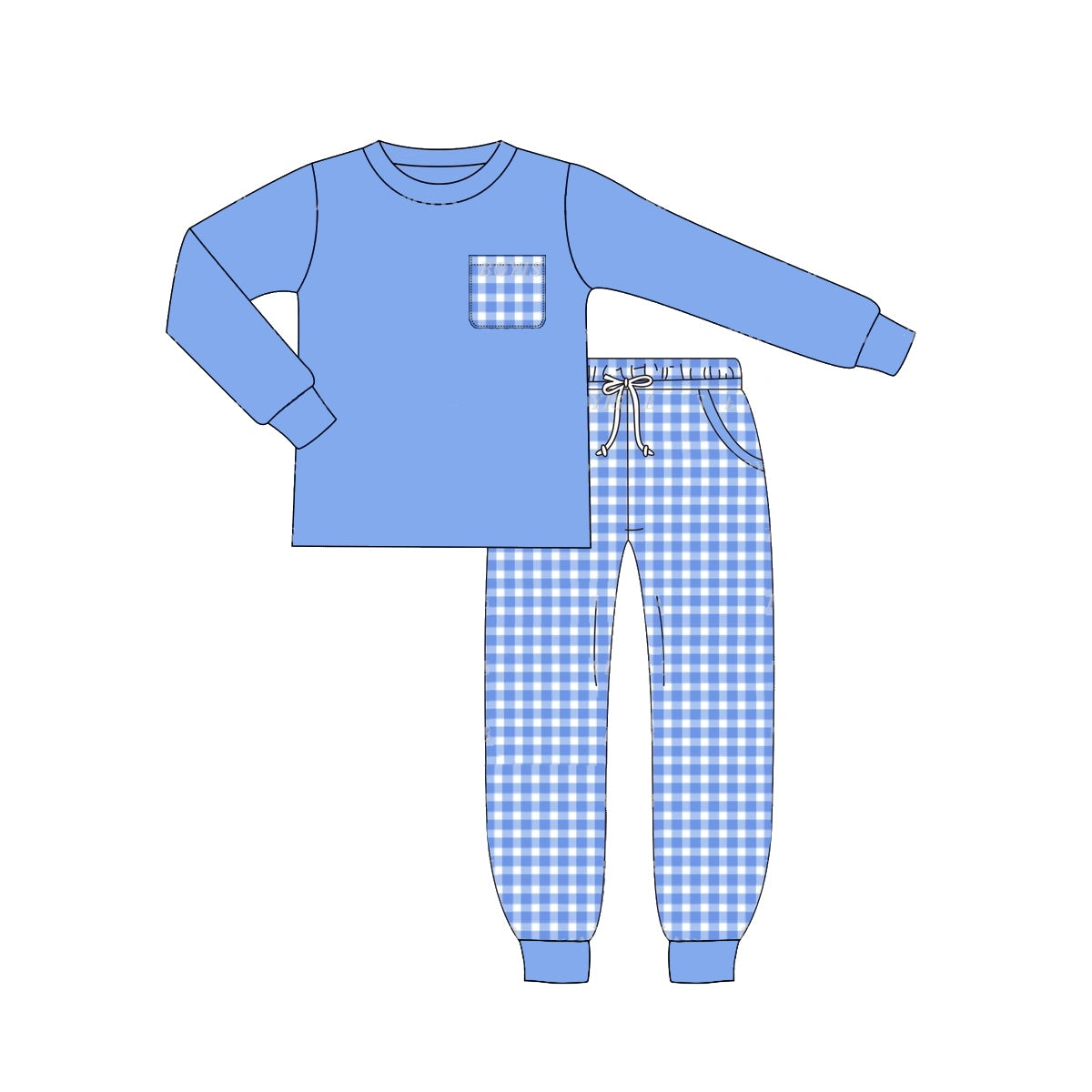 Preorder BLP0896 Sky blue plaid pocket long sleeve pants suit