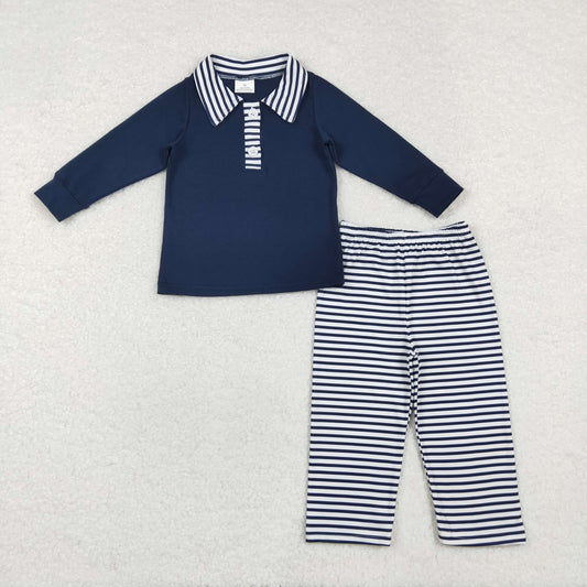 BLP0897 Navy blue long-sleeved pants suit with striped neckline