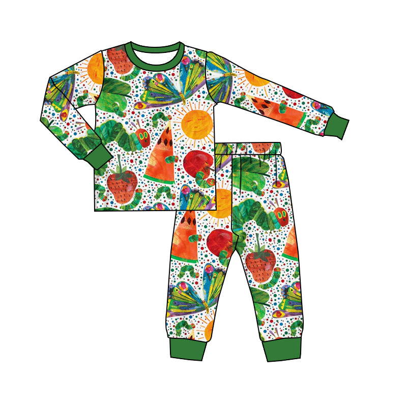 Preorder BLP0909 Cartoon Caterpillar green and white long sleeve pants pajamas set