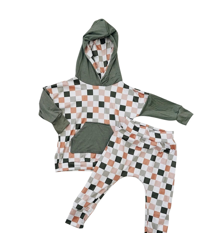 Preorder BLP0913 Color plaid green pocket hooded long sleeve pants set high quality wholesale