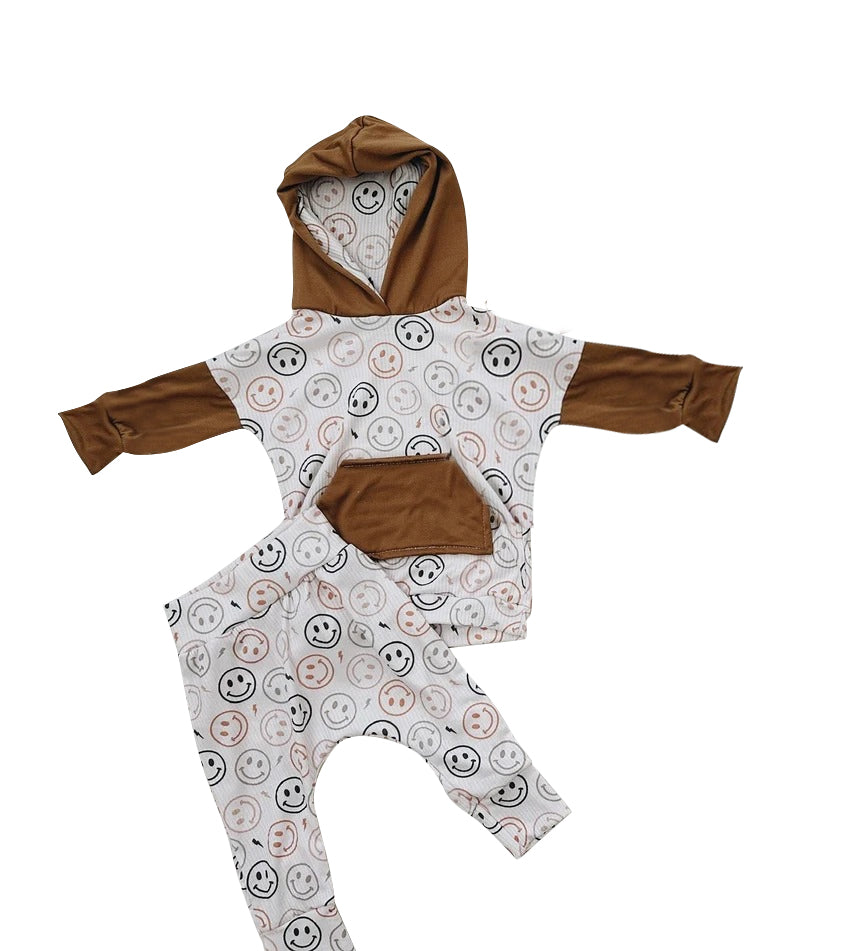 Preorder BLP0914 Smiley face brown pocket hooded long sleeve pants set high quality wholesale