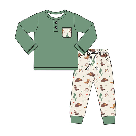 Preorder BLP0925 Cactus cowboy hat Boots Stars Beige pocket Green long sleeve pant suit