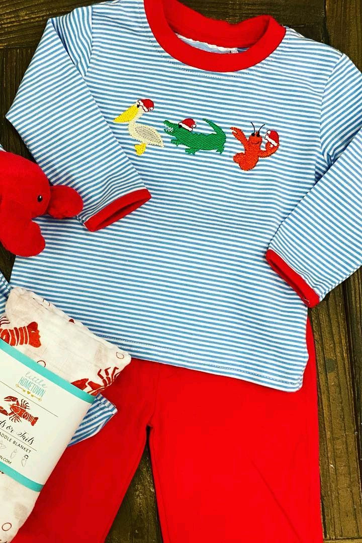 Preorder BLP0938 Christmas bird Crocodile Lobster Blue striped long sleeve red pantsuit