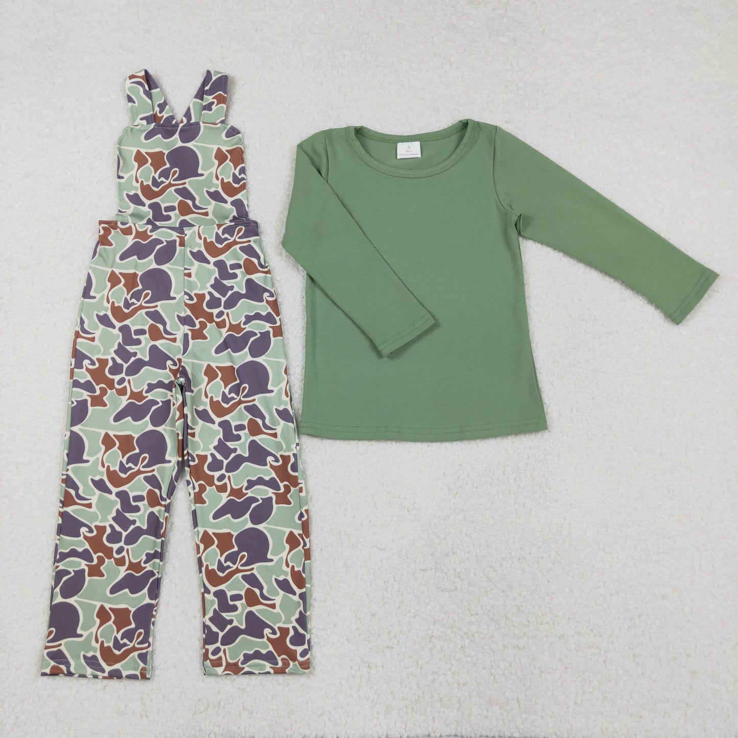BLP0975 Solid Green Long Sleeve Top + Camouflage Back Strap Boys Overalls Jumpsuits Set RTS 202509