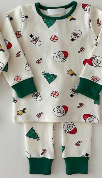 Preorder BLP0979 Santa Snowman bell gift Green edge long sleeve pants pajamas set