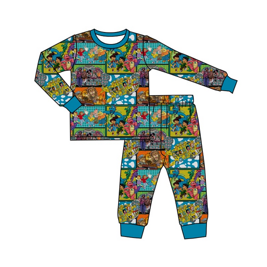 Preorder BLP1009 Cartoon lion dinosaur blue long sleeve pants pajamas set