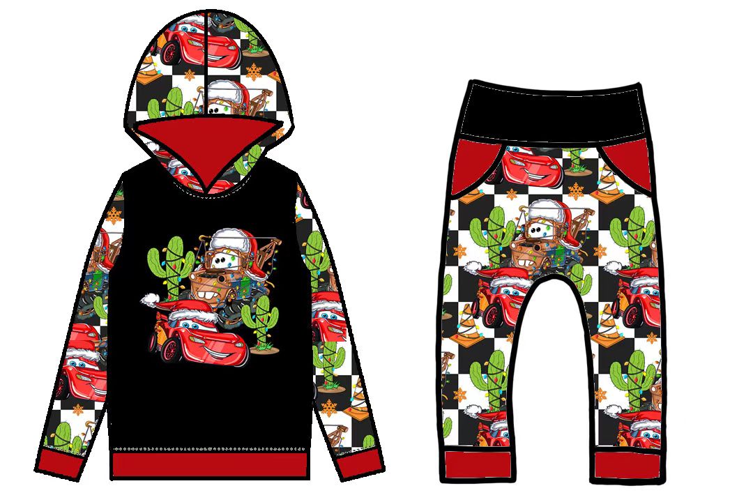 Preorder BLP1018 cars Christmas car cactus red and black hooded long sleeve pants suit