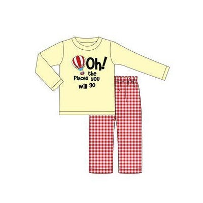 Preorder BLP1025 dr seuss oh Letters hot air Balloon Yellow long sleeve red plaid pants suit